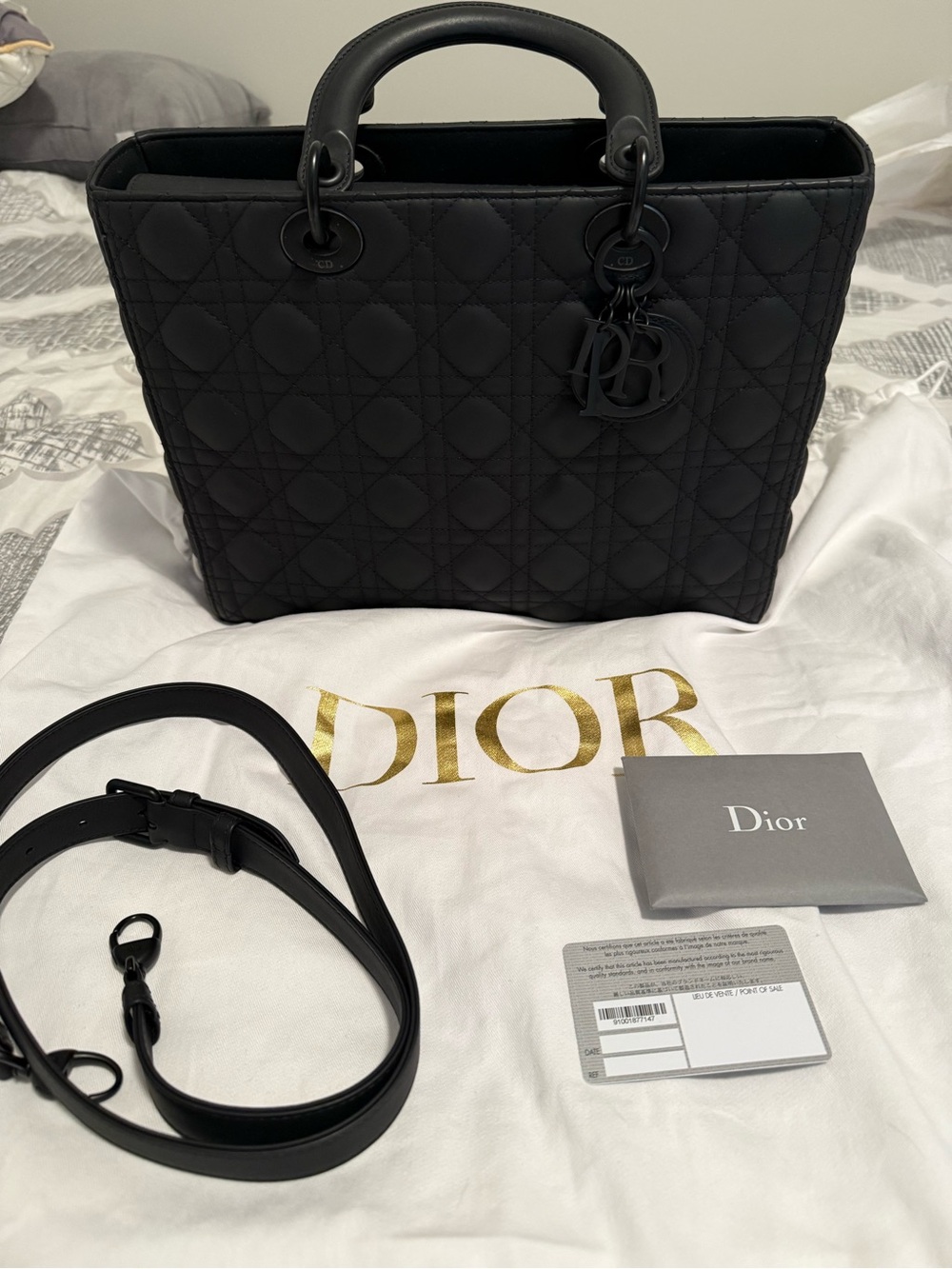 Dior Black Large Lady Dior Cannage Quilted Tote in matte black